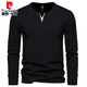Pierre Cardin Henry heavyweight men's long-sleeved T-shirt with spring and autumn slim casual v-neck solid color bottoming shirt clothes top black XL