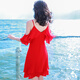 XIZI schöne Stimmung Sommer Frauen Red Suspender Kurzrock Kurzarm Chiffon Kleid Bohemian Beach Rock Meer Urlaubsrock Bild Farbe AQ17A679 S