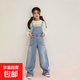 Girls and children's clothing denim overalls for spring and autumn, medium and large children's new Korean style pants, children's casual all-match straight pants, blue 140 140cm