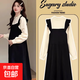 Maternity dress spring and autumn French Hepburn style large size loose fake two-piece knitted skirt autumn and winter high-end black fake two-piece set L