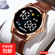High-looking LED luminous electronic watch, quartz watch, simple leather strap, fashionable temperament for junior high school and high school students, multi-functional time display sports electronic watch Y23 LED luminous + time display + upgraded model - textured brown leather