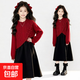Girls red New Year's wear sweater dress suit autumn and winter children's fashion girls' New Year's greetings two-piece set red sweater vest + skirt suit 160