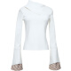 Tangli winter new white European and American clothing spliced ​​slit bell sleeve sweater folded turtleneck sweater white M