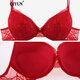 QIYUN Original Women's Wear Zodiac Year of the Snake Bra Set Women's Lace Sexy Push-Up Thin Underwear Panties Big Red 34/75B Bra + M Pants