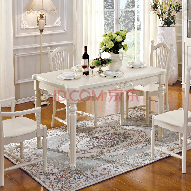 法丹娜韩式田园餐桌荷花白色木质餐台时尚实木饭桌家具 荷花白 一桌四