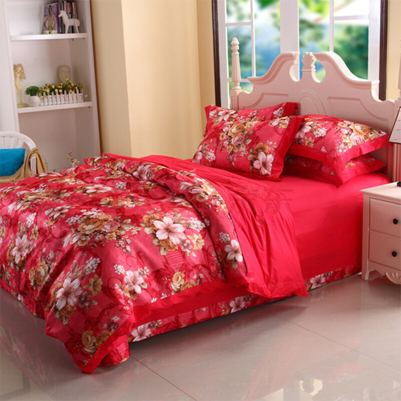 家纺 全棉欧式彩棉贡缎提花四件套 结婚庆纯棉活性印染套件 巴黎春天