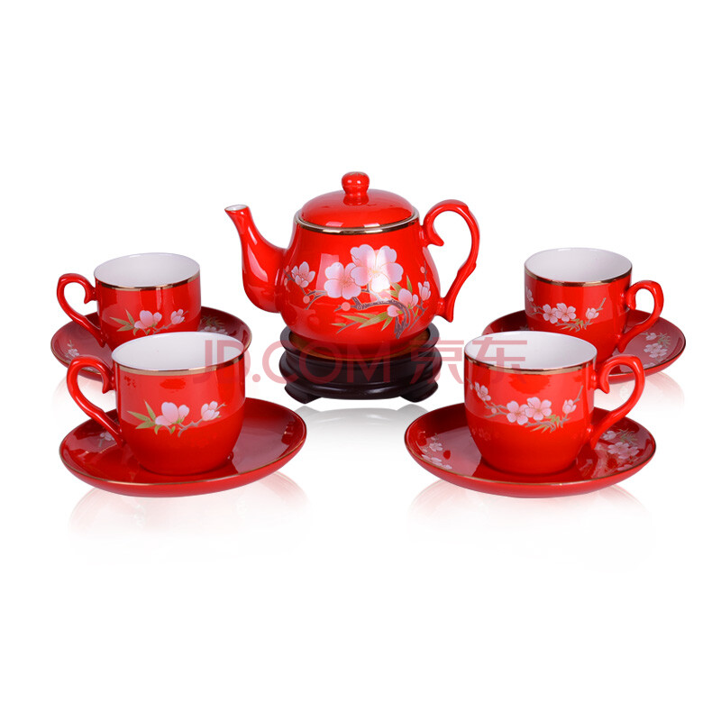 湖南醴陵红瓷茶具万寿九头彩梅 结婚礼物 中国红色茶具套装 旅游纪念