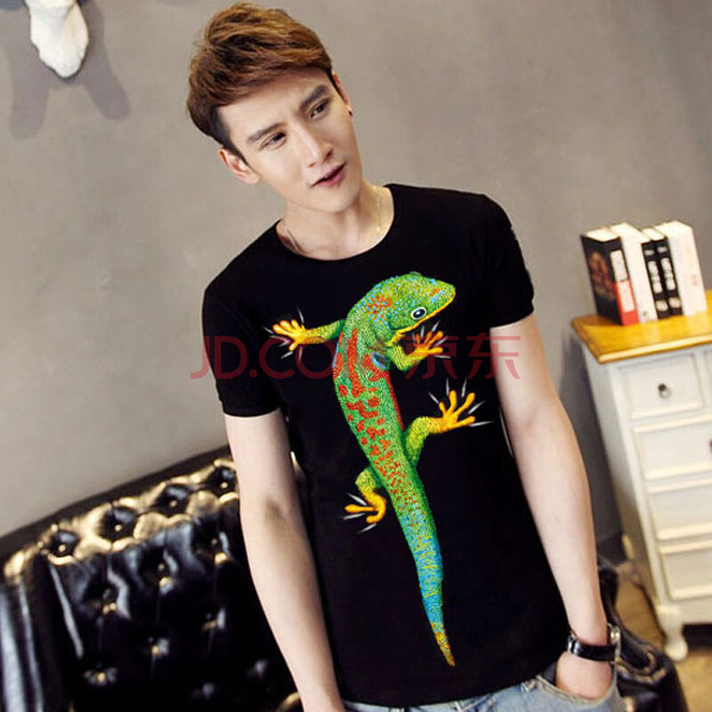 时尚男装韩版简约青年宽松圆领3d半袖印花立体动物图案狼体 3号壁虎