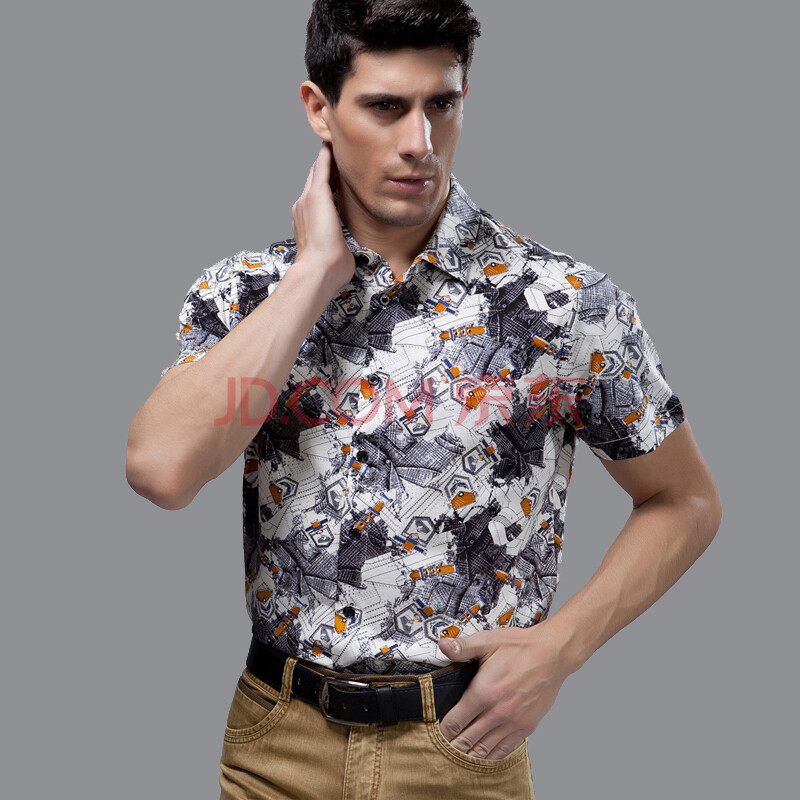 乐府100%纯棉双丝光棉 格子印花条纹男士商务休闲短袖衬衫071 9153款