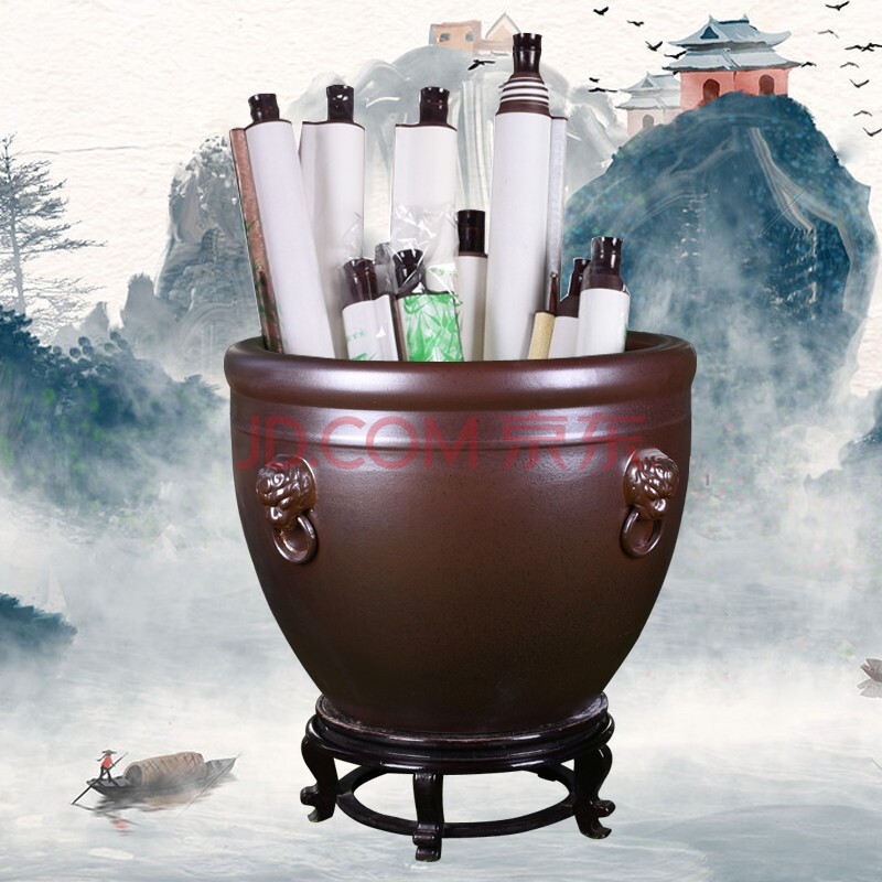 赣景旭景德镇仿古书画缸字画收纳带狮耳陶瓷金鱼缸荷花缸睡莲盆风水