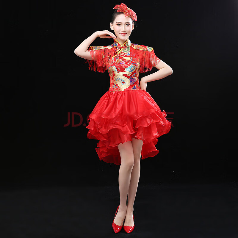 腰鼓服装新款中国风打鼓水鼓舞蹈演出服开场舞表演服成人女蓬蓬裙