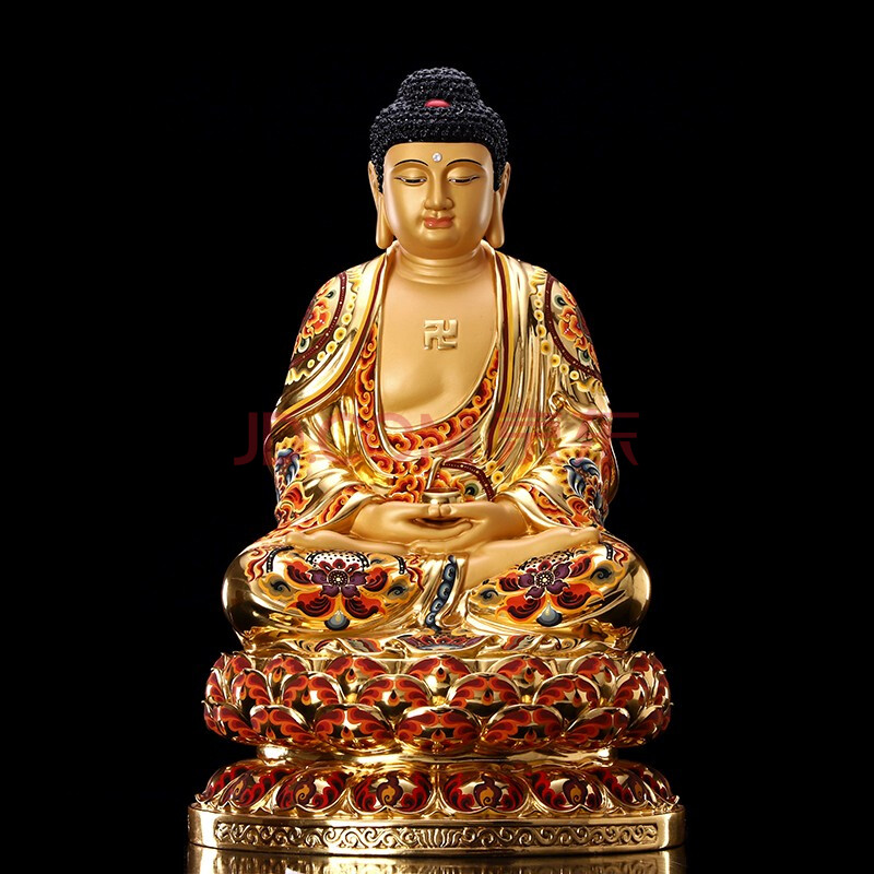 圆通佛具金镶玉释迦牟尼佛像摆件汉白玉贴金石雕如来佛祖像客厅家用