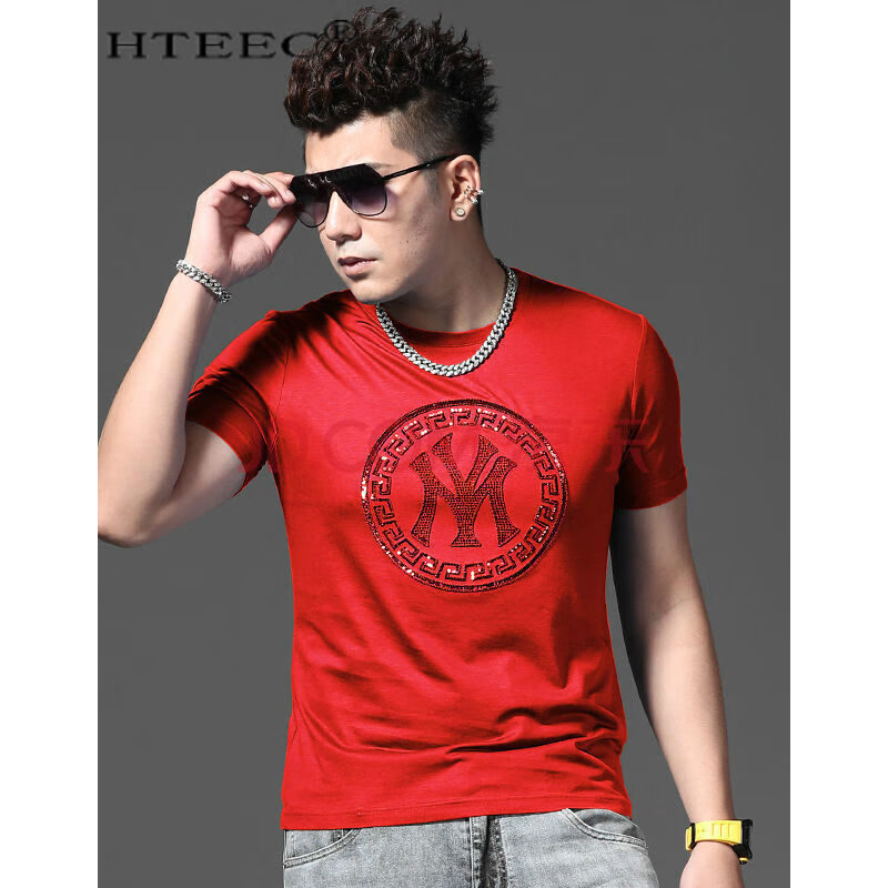 hteec香港潮牌丝光棉短袖t恤男刺绣图案夏季修身潮流型男衣服体恤打底