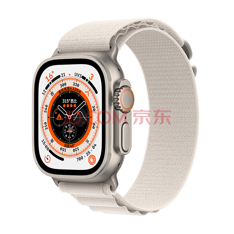 Apple Watch Ultra 智能手表 GPS+蜂窝款 49毫米 钛金属原色 钛金属表壳星光色高山回环式表带大号MQFD3CH/A