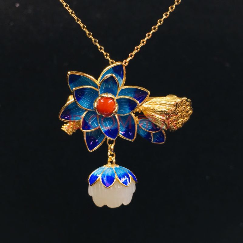 逸阅堂s925银镶和田白玉莲花吊坠复古中国风女款925纯银荷花项链 约12