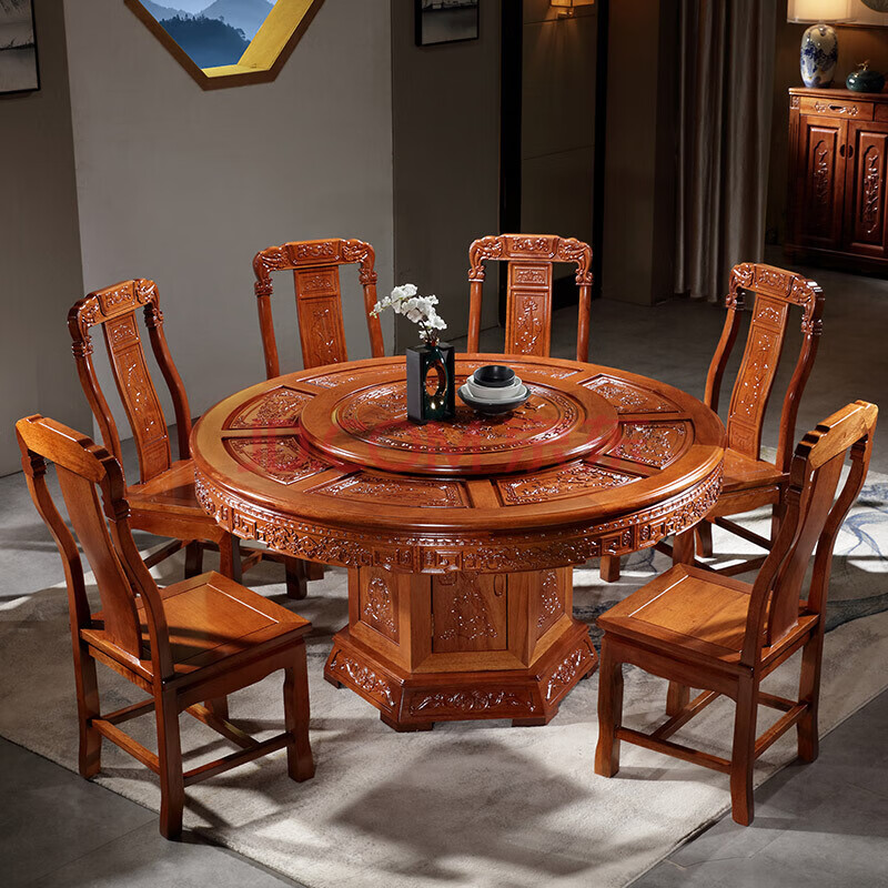 餐桌椅组合家用大户型实木圆桌雕花菠萝格木明清古典酒店别墅大圆桌带