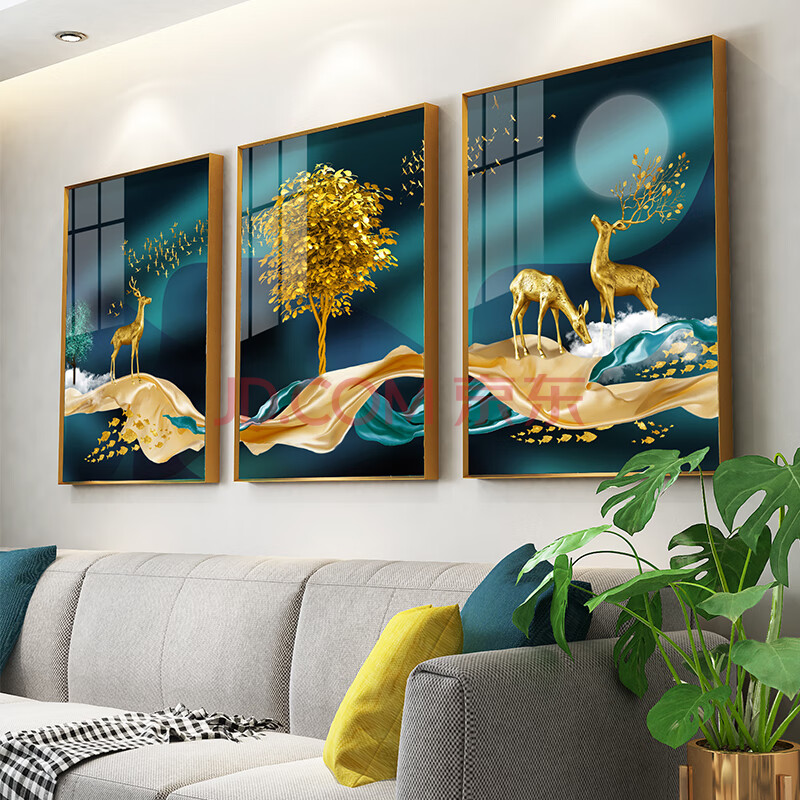 纪恒暄 晶瓷画客厅装饰画招财风水山水画三联画沙发背景墙壁挂画简约