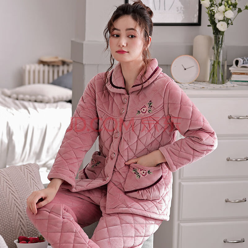 女士冬季珊瑚绒夹棉三层保暖超厚大码妈妈棉袄 1034>睡觉衣服肤绒绒