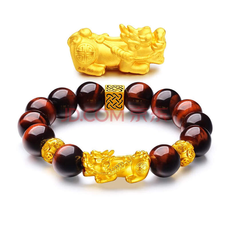 貔貅黄金手链男士款 足金手饰金珠3d硬金转运珠木变石路路通手串 送