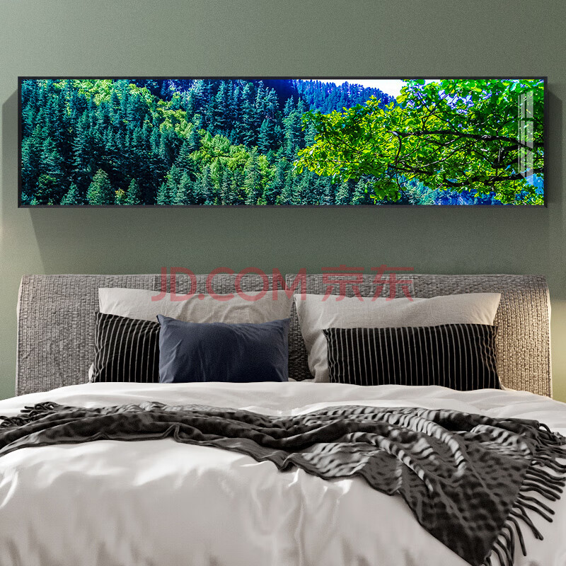 床头装饰画壁画横版风景卧室画长条墙面壁画喜森亚 山间松林 40*160