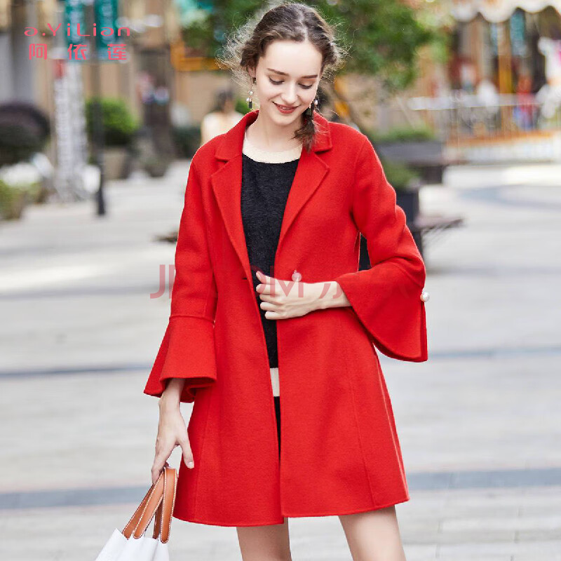 yilian ins超火优雅通勤收腰一粒扣喇叭袖长袖中长v领开衫女式大衣