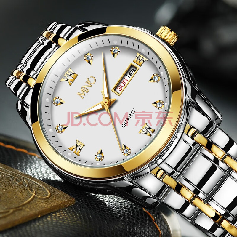 mno梦梭男士手表男机械风超薄镶钻精钢带腕表双日历男款商务石英表