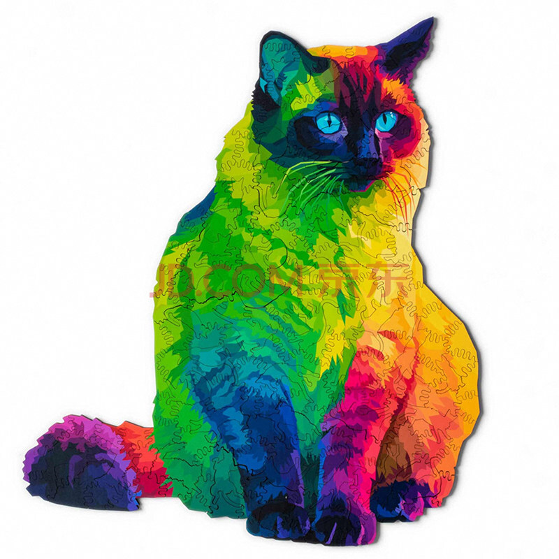 彩虹猫拼图抖音彩色波斯猫拼图不规则猫咪形状木质拼图国庆在家打发