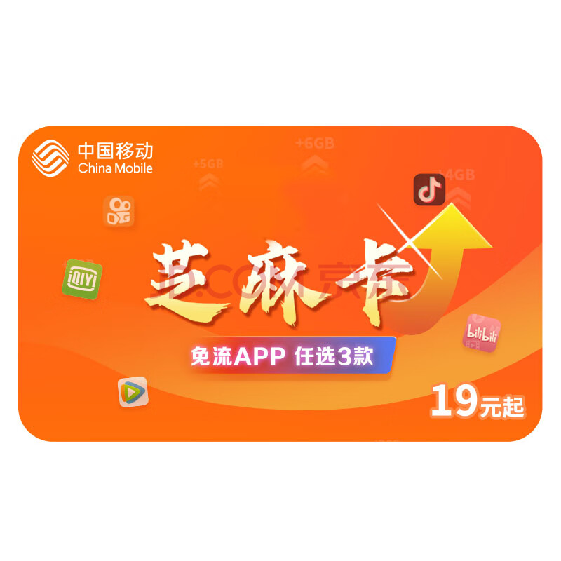 中国移动 芝麻卡 流量年年涨 视频会员权益 移动4g流量卡 畅享200g不