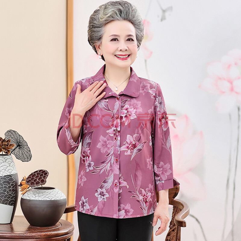 60-70岁老太太夏天穿的服装中老年人夏装女衬衫妈妈装长袖衬衫夏季
