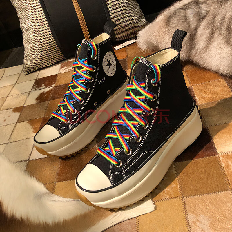 【官方正版 品牌直营】肖战郑爽同款鞋高帮帆布鞋女厚底增高彩虹休闲
