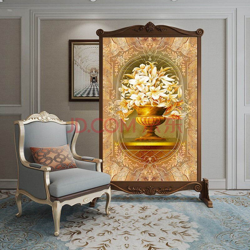 时带 雕花欧式屏风装饰隔断客厅卧室餐厅实木半透现代移动玄关座屏