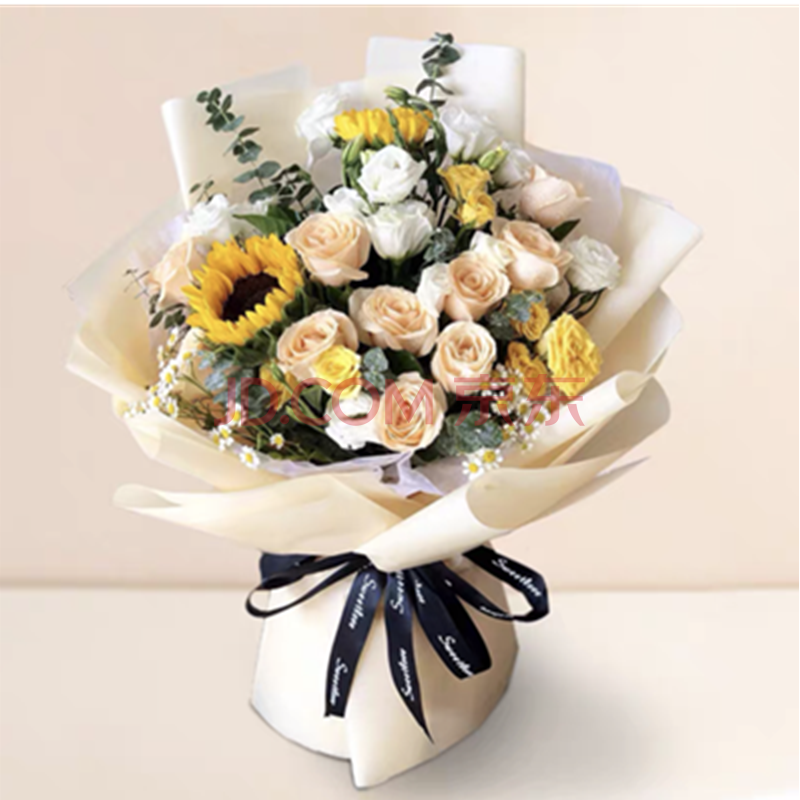 香槟玫瑰搭配桔梗向日葵小本店同城鲜花配送指定日期送达,是真花,下单