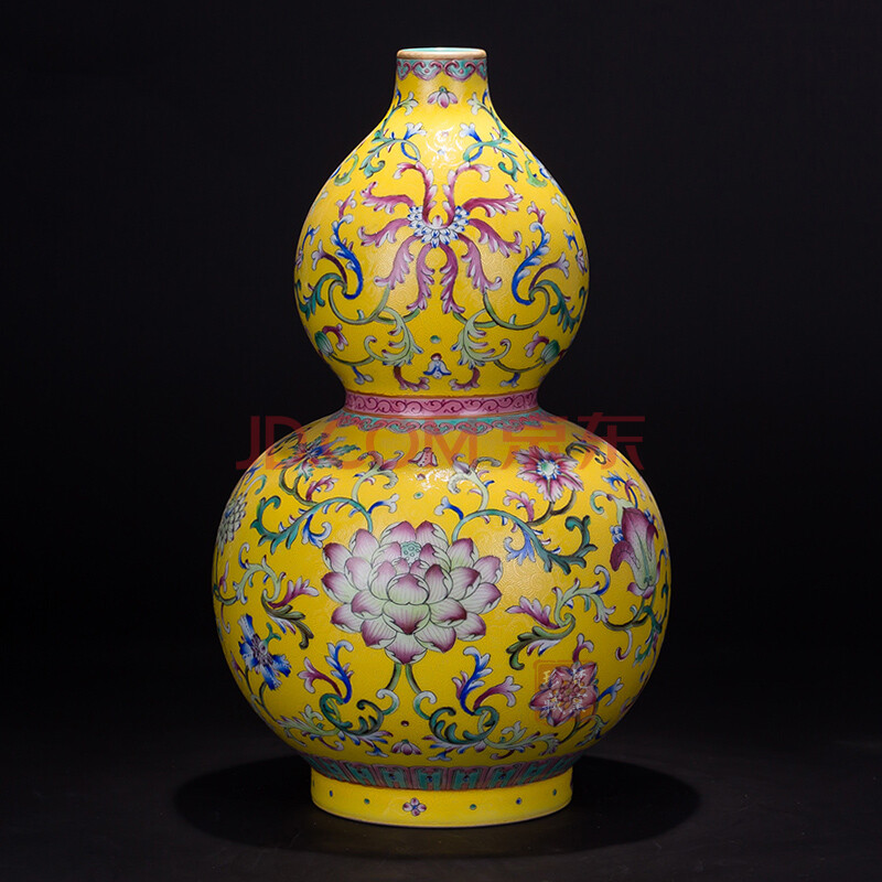 仿清乾隆景德镇陶瓷粉彩锦上添花葫芦瓶官窑级瓷器扒花黄地花瓶摆件