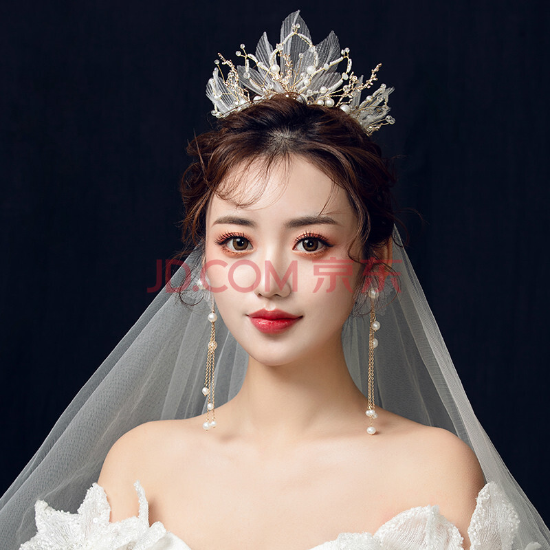 韩式新娘皇冠头饰森系仙美发饰超仙公主结婚圆冠耳环套装婚纱配饰