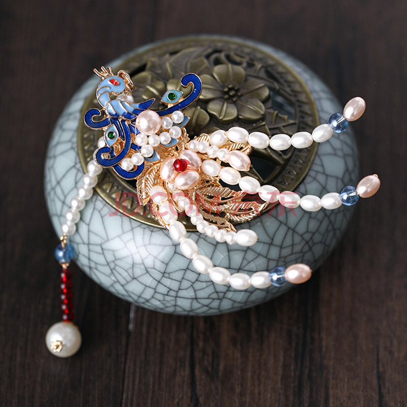 汉服头饰凤凰珍珠烧蓝发夹古风发饰景泰蓝边夹流苏步摇古装配饰品