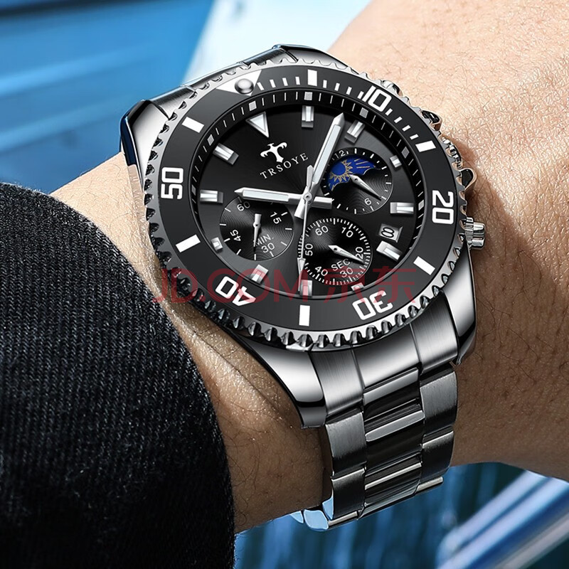 trsoye瑞士品牌手表诺曼底水鬼钢带防水日历夜光商务男表三眼6针秒表
