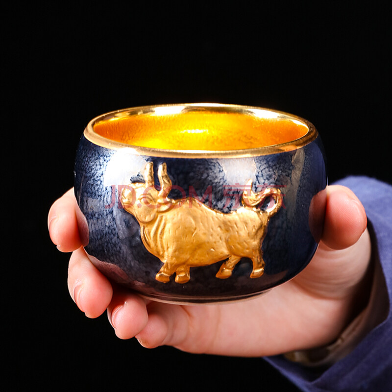 茶杯大号纯手工品茗杯生肖牛茶杯牛年礼品高档鎏金功夫茶杯牛转乾坤
