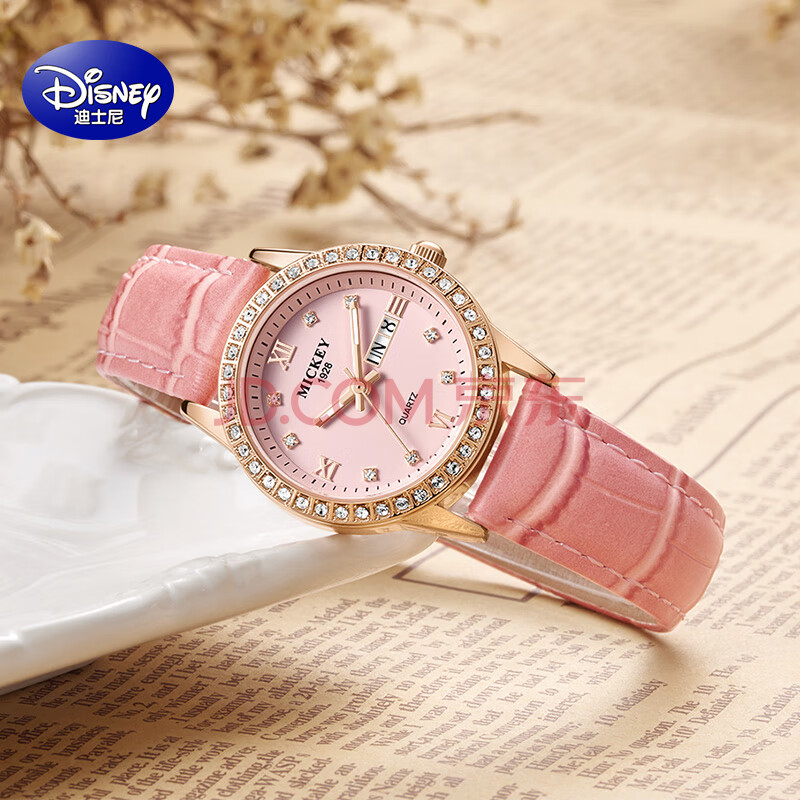 迪士尼(disney)手表女学生轻奢水钻时尚腕表钢带防水夜光初中高中女士