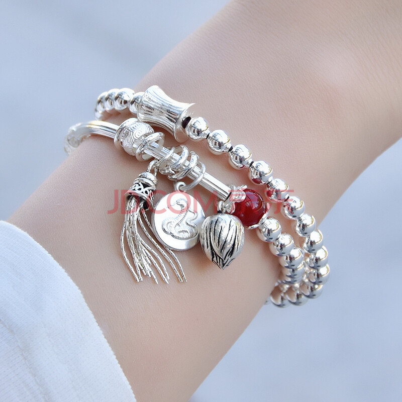 999纯银手链女银珠手链莲花吊坠多圈转运珠流苏银手串网红手饰