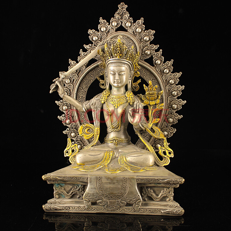大雷音寺佛法加持 纯铜鎏银鎏金 【背光文殊菩萨】佛像一尊