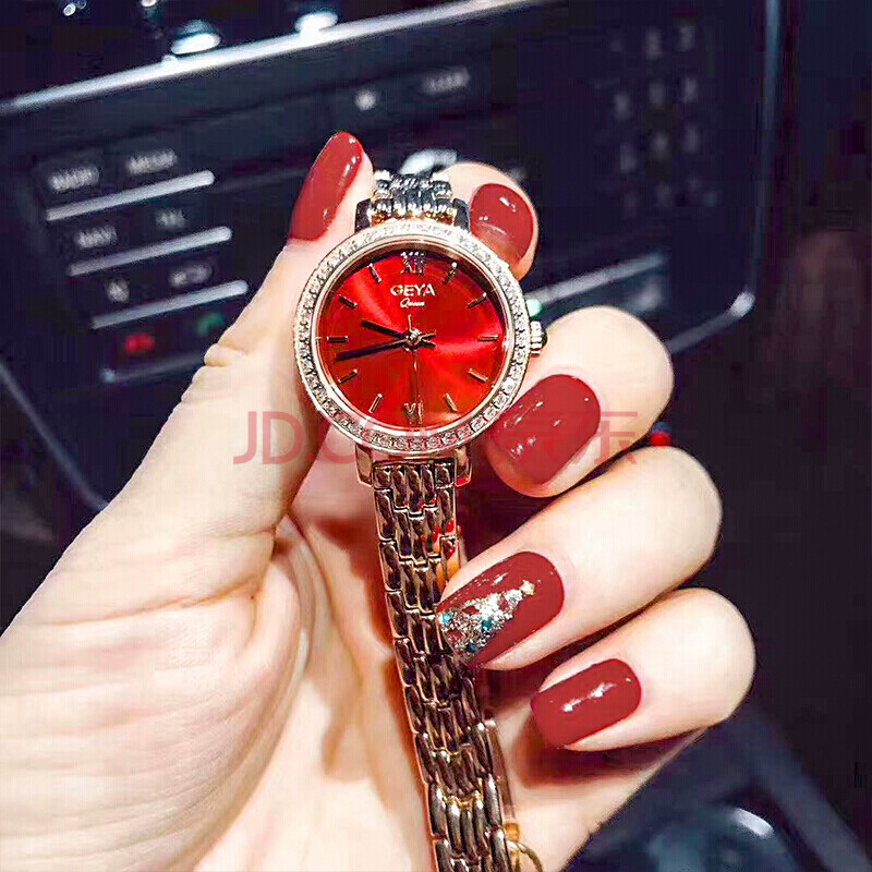 格雅geya手表女时尚中国红潮流防水钢带女士石英表小金表jd76073