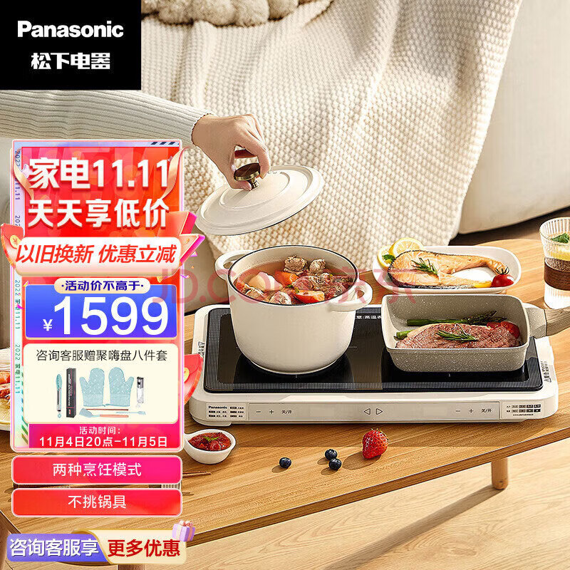 松下（Panasonic）多用途锅 mini聚嗨盘 电烤盘 多功能锅 料理锅 烧烤 火锅 聚嗨锅 两种烹饪模式 NF-X1-N