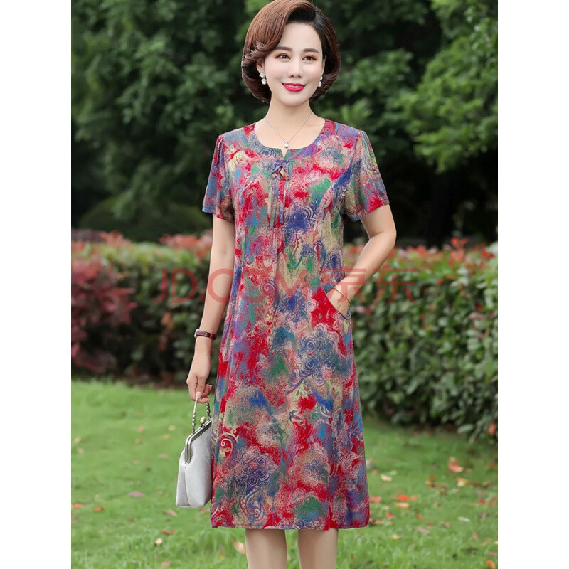 中年女棉绸连衣裙夏时尚外穿棉麻妈妈装短袖50岁60中老年装超大码裙子