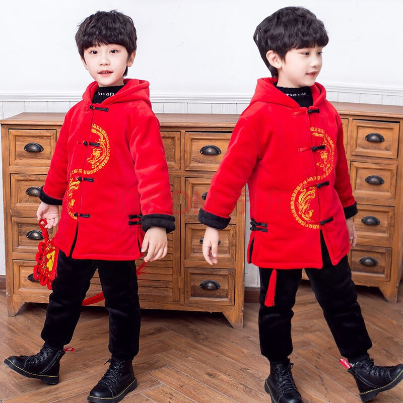 萌恬声儿童新年服装唐装男童拜年服套装加绒加厚过年衣服兄妹装套装