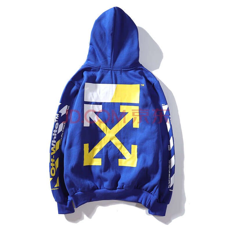 潮牌新款欧美ow男女同款串标字母箭头加绒连帽卫衣外套秋冬款 蓝色 m