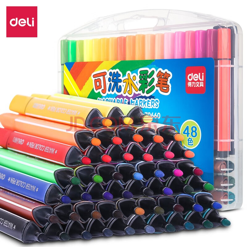 得力(deli)儿童48色可水洗水彩笔 画画绘画涂鸦填色玩具 粗三角杆易