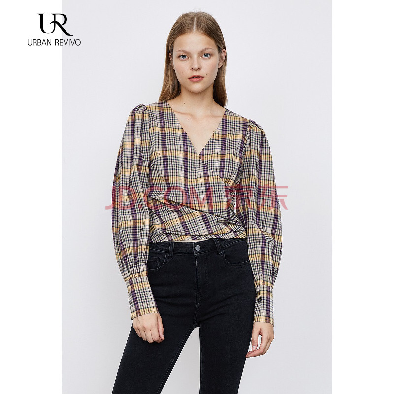 urban revivo ur灯笼袖复古格子罩衫衬衫wh42r2cn2000 紫色格子 s