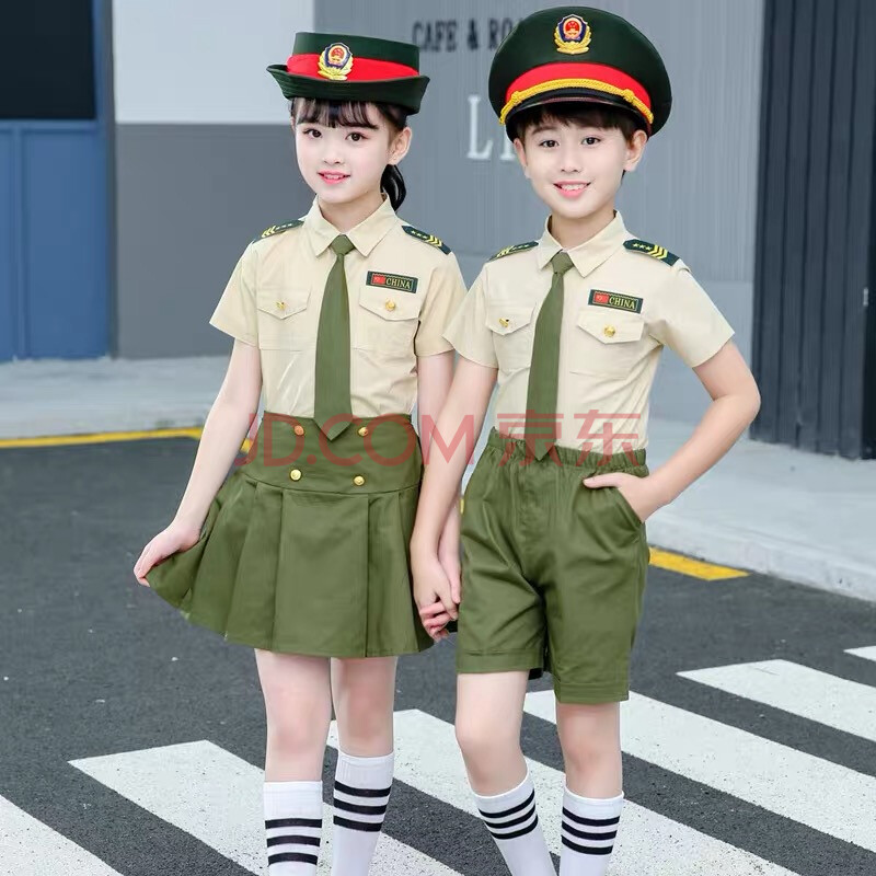 演出服男女童水手服警察升旗手红军大合唱表演服装 军绿色女款加帽子