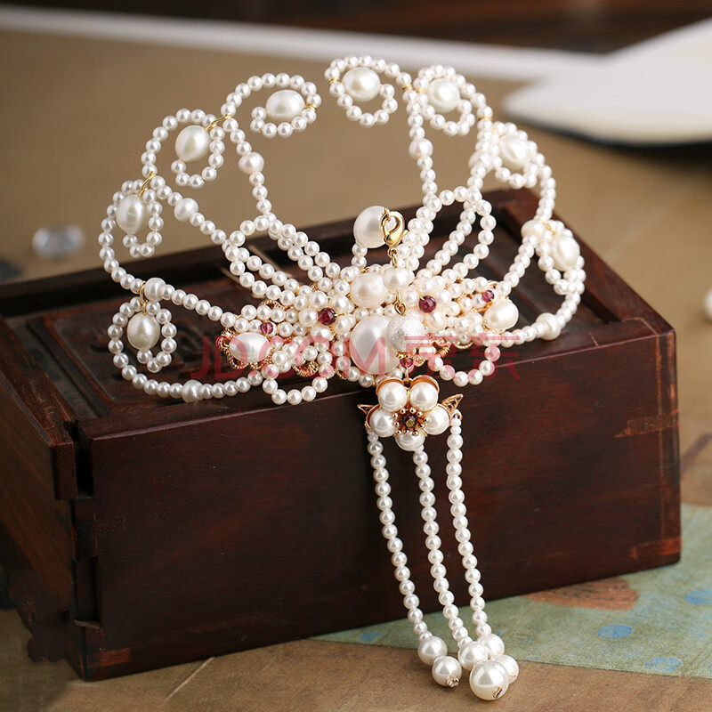 手工汉服唐风发饰珍珠凤冠后压流苏头饰 盘珠正凤 发冠一个