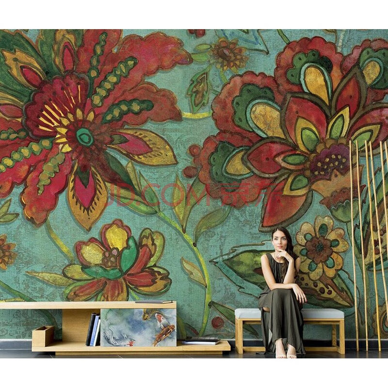 壁纸美式复古手绘抽象花纹花卉客厅电视背景墙纸无缝沙发壁纸壁画墙布